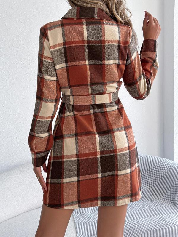 Women's Plaid Print Button Decor Dress, Casual Long Sleeve Collared Short Dress for Fall & Winter, Women's Clothes for Daily Wear