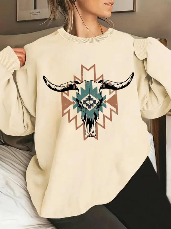 Women's Bull Head Print Crew Neck Pullover, Casual Long Sleeve Sweatshirt for Fall & Winter, Women's Clothes for Daily Wear