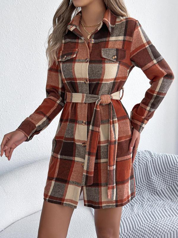 Women's Plaid Print Button Decor Dress, Casual Long Sleeve Collared Short Dress for Fall & Winter, Women's Clothes for Daily Wear