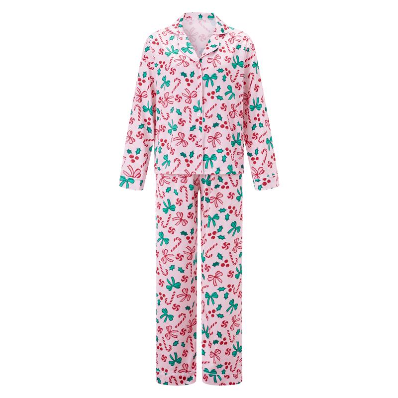 Pink Mommy and Me Matching Pajamas Bow Candy Cane Print Button Down Long Sleeve Tops and Pants Set Christmas Sleepwear