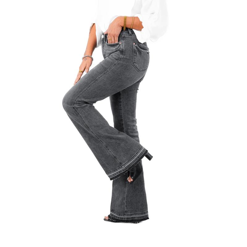 Judy Blue  The Luna Mid Rise Washed Gray Tummy Control Release Hem Flare Jeans