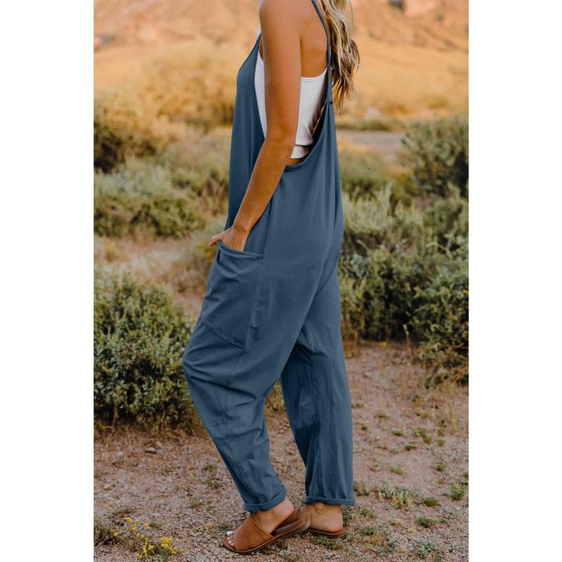 Double Take Full Size V-Neck Sleeveless Jumpsuit with Pockets， Stretchy Overalls