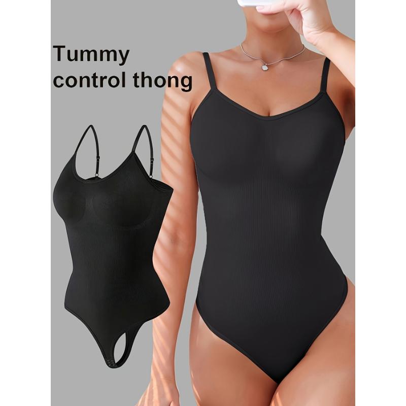 1pc Women's Adjustable Straps Bodysuit With Snap Crotch, Seamless Tummy Control Shapewear Thong, Breathable Fabric, Black