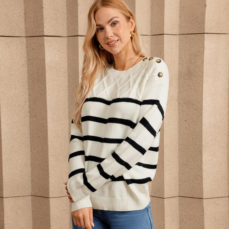 Grace Karin Women Striped Sweater Long Sleeve Crew Neck Dropped Shoulder Pullover Knitwear Womenswear Tops Knitting