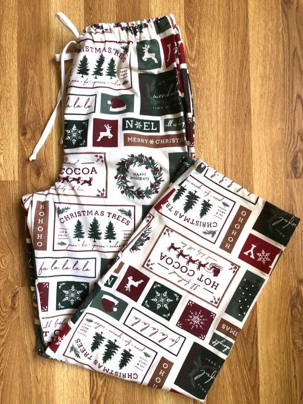 Olde Time Christmas Stamps on Cream Flannel Pajama Pants, Pj's, Lounge pants, Matching Family Pj's, Available Adult