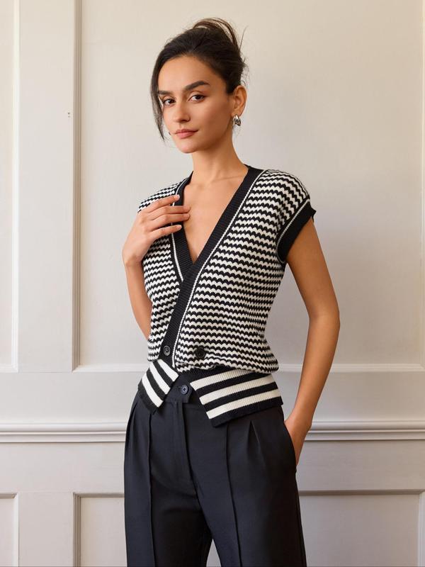 Women's Striped Print Button Front V Neck Sweater Vest, Casual Asymmetrical Hem Sleeveless Knit Top for Daily Wear, Ladies Clothes for All Seasons