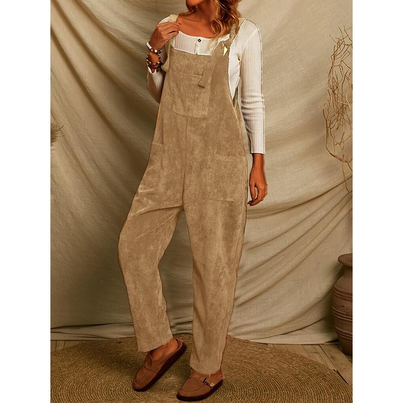 Solid Corduroy Overall Jumpsuit, Casual Patch Pocket Overall Jumpsuit, Suitable for Spring and Autumn, Women's Clothing