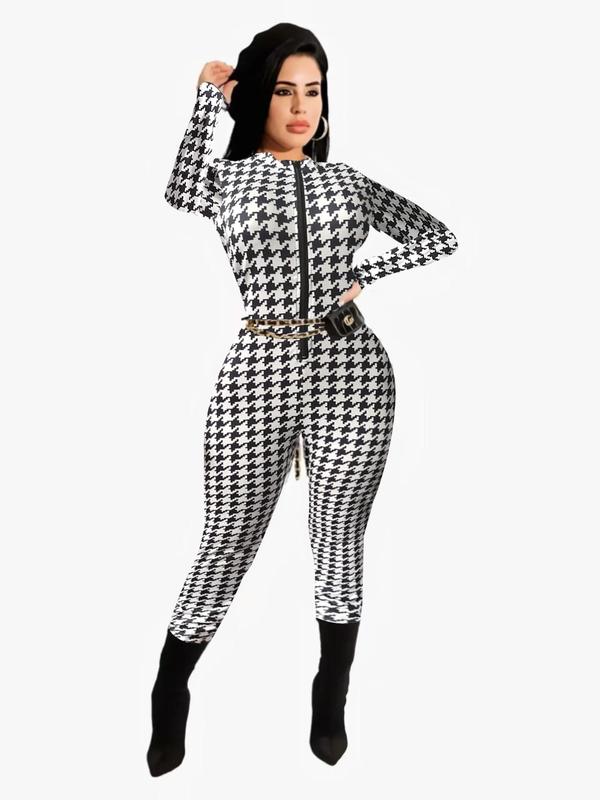 Women's Houndstooth Print Half Zip Jumpsuit, Casual Long Sleeve Round Neck Skinny Jumpsuit for Fall & Winter, Women's Clothes for Daily Wear