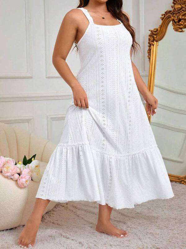  Eyelet Embroidery Ruffle Frill Trim Nightdress, Casual Soft Comfortable Lettuce Trim Square Neck Sleeveless Nightgown for Women, Women's Plus Sleepwear for All Seasons