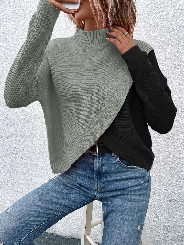 Women's Colorblock Wrap Drop Shoulder Sweater, Casual Asymmetrical Long Sleeve Mock Neck Jumper for Spring & Fall, Fashion Women's Knitwear for Daily Wear