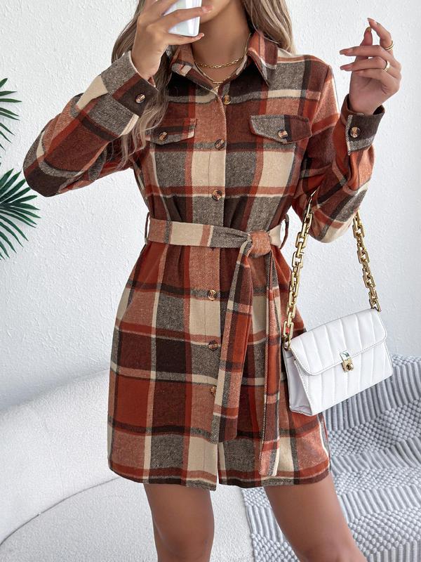 Women's Plaid Print Button Decor Dress, Casual Long Sleeve Collared Short Dress for Fall & Winter, Women's Clothes for Daily Wear