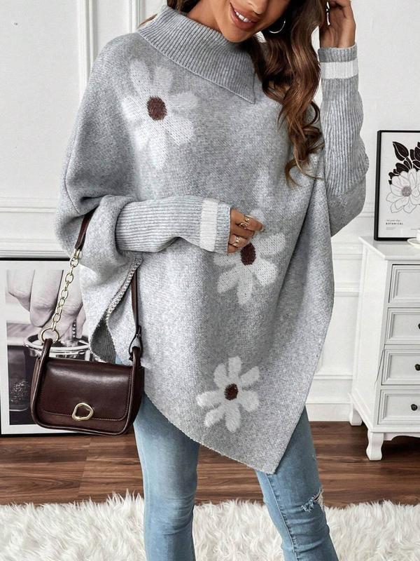  Women's Floral Pattern Cloak Sleeve Sweater, Casual Long Sleeve Turtle Neck Jumper for Fall & Winter, Women's Clothing for Daily Wear