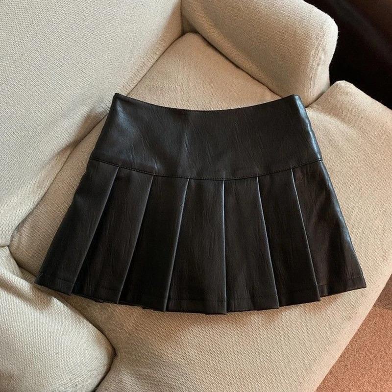 S-3XL Y2K Pu Leather Mini Skirts Women Streetwear High Waist Pleated Skirt Vintage Korean Black Slim Casual A Line Skirts