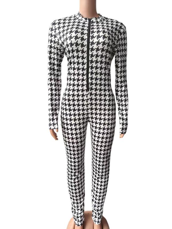 Women's Houndstooth Print Half Zip Jumpsuit, Casual Long Sleeve Round Neck Skinny Jumpsuit for Fall & Winter, Women's Clothes for Daily Wear