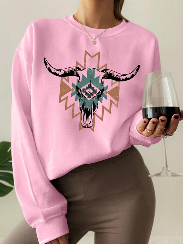 Women's Bull Head Print Crew Neck Pullover, Casual Long Sleeve Sweatshirt for Fall & Winter, Women's Clothes for Daily Wear