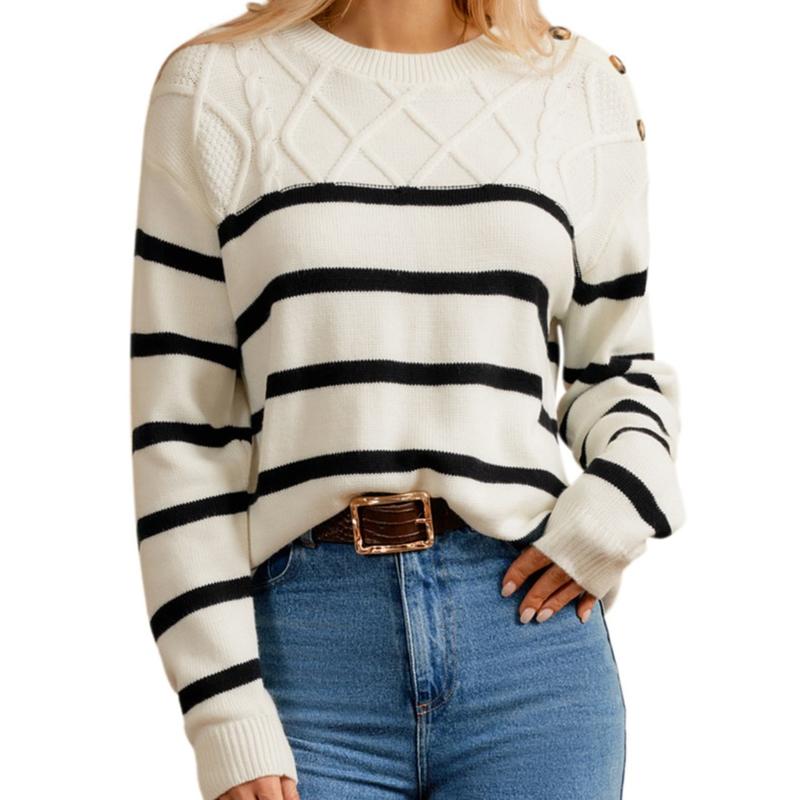 Grace Karin Women Striped Sweater Long Sleeve Crew Neck Dropped Shoulder Pullover Knitwear Womenswear Tops Knitting