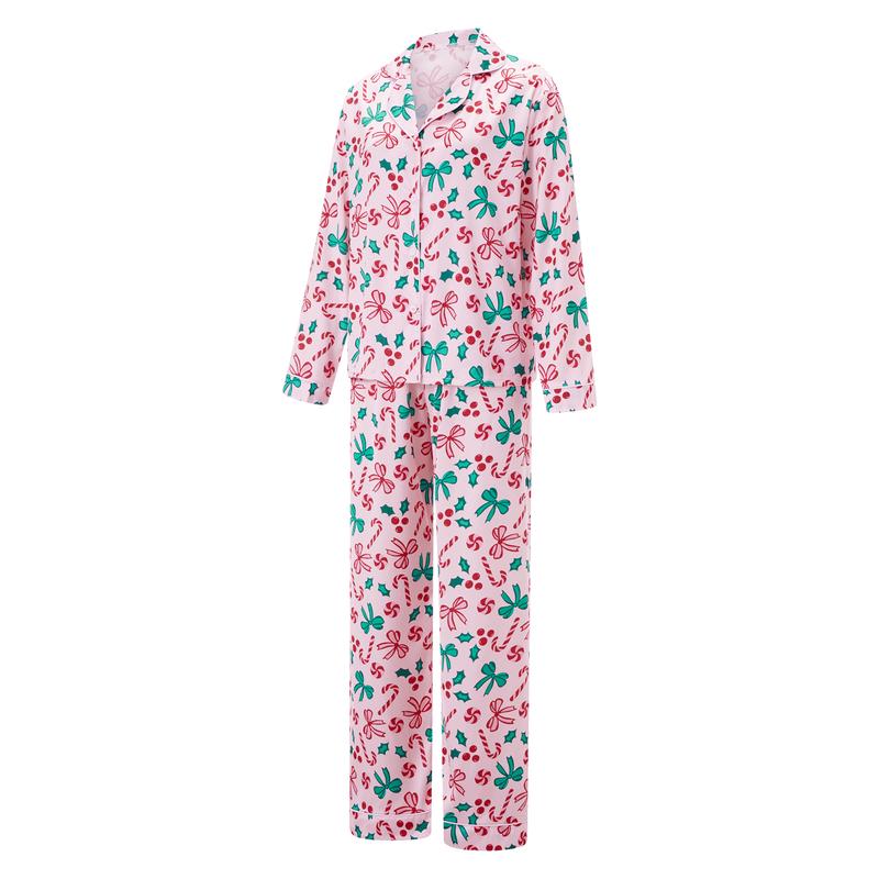 Pink Mommy and Me Matching Pajamas Bow Candy Cane Print Button Down Long Sleeve Tops and Pants Set Christmas Sleepwear