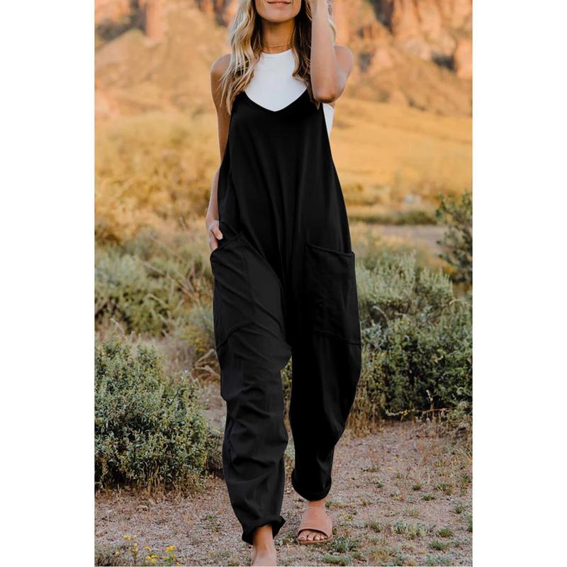 Double Take Full Size V-Neck Sleeveless Jumpsuit with Pockets， Stretchy Overalls