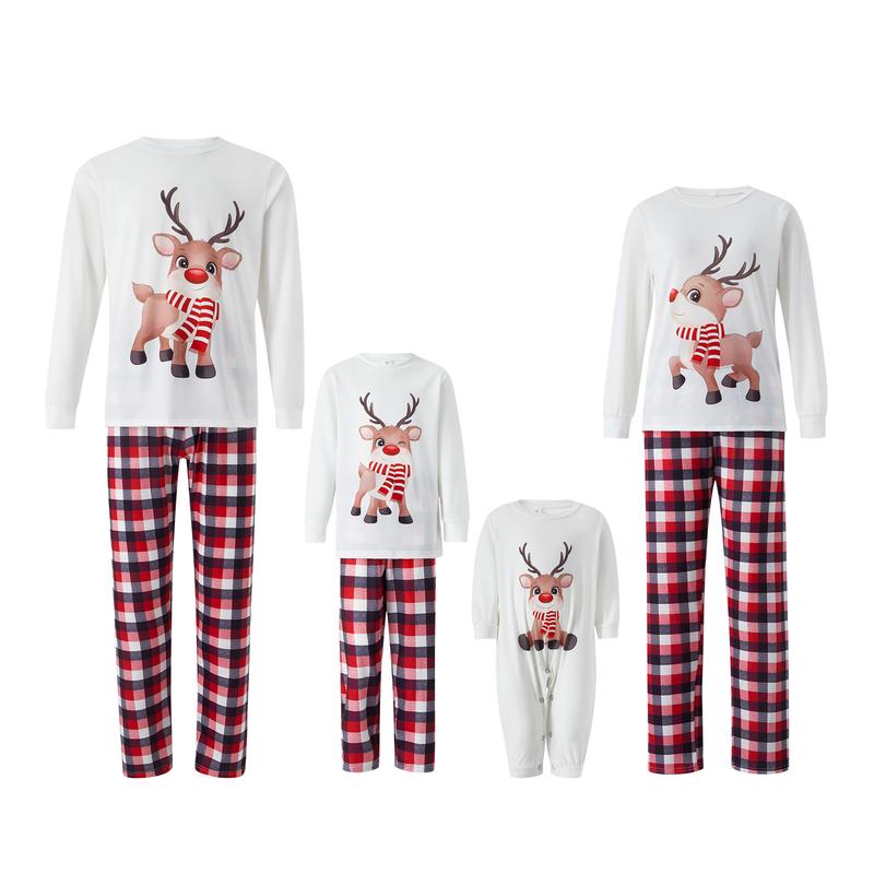 Family Matching Christmas Pajamas Outfits, Long Sleeve Elk Printed Tops + Elastic Plaid Pants Romper Sets Sleepwear & Loungewear