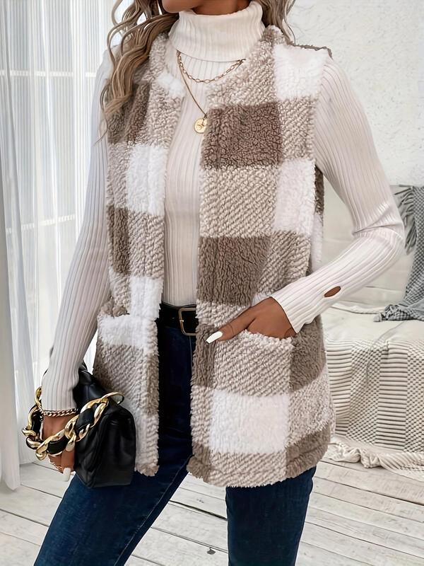 Plaid Print Pocket Fuzzy Vest Coat, Fall Outfits, Fallfreshness Casual Sleeveless Round Neck Outerwear for Fall & Winter, Women's Plus Size Clothes for Daily Wear