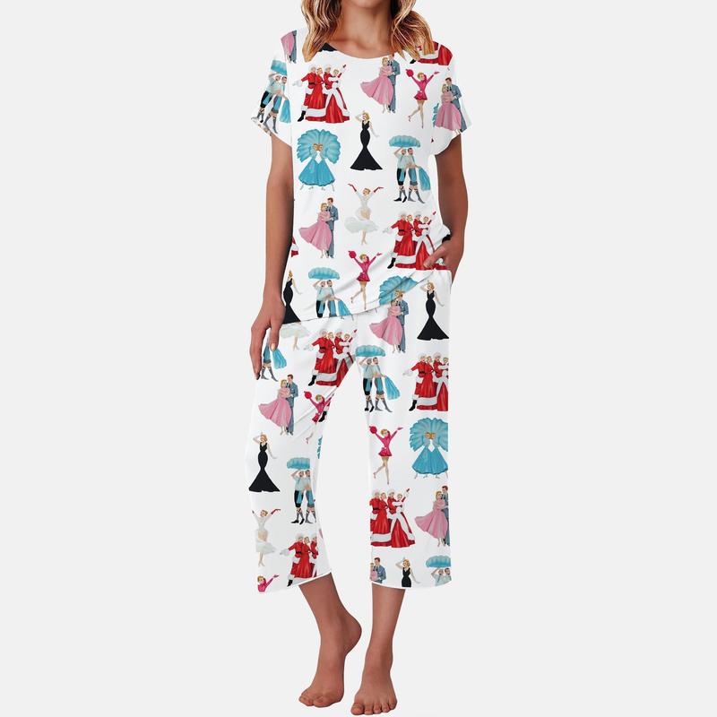 White Christmas Print Nine Quarters Pants Pajama Set For Women - SHESHOW