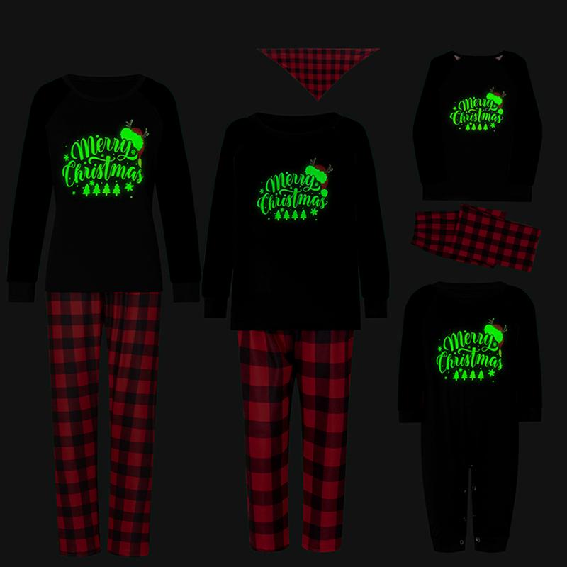 Family Matching Christmas Pajamas, Romper Letter Print Long Sleeve Tops and Plaid Pants Sleepwear Set