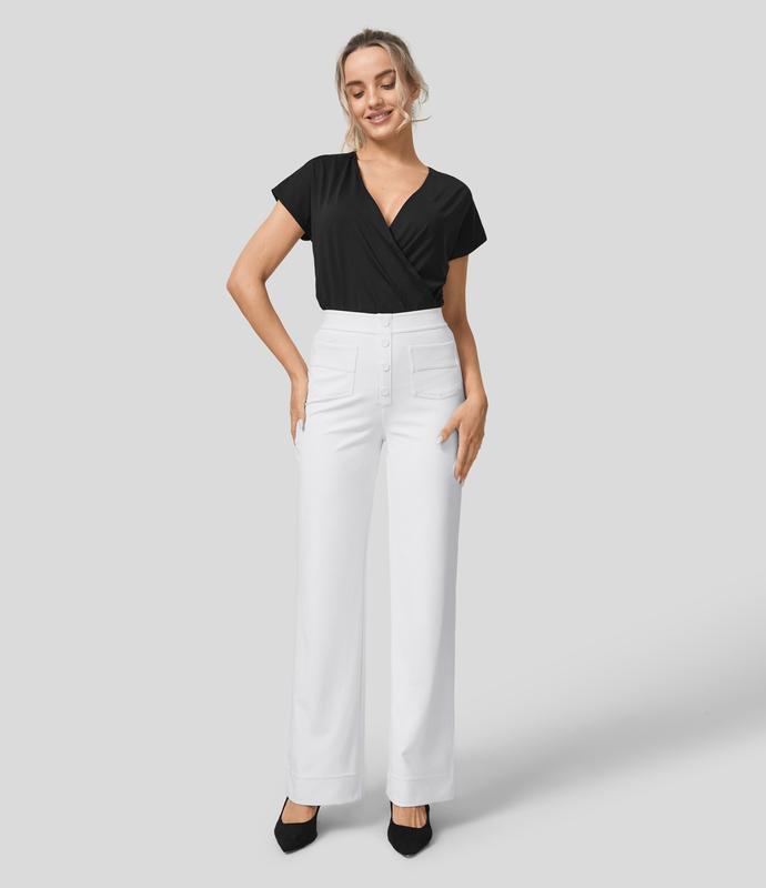 halara High Waisted Button Multiple Pockets Straight Leg Casual Pants