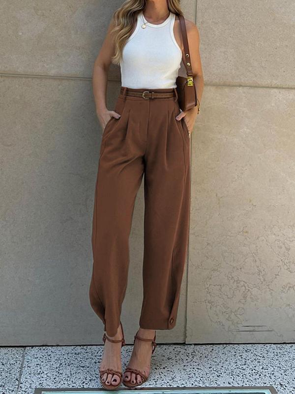 Women's Solid Plicated Pocket Button Pants with Belt, Casual High Waist Trousers for Spring & Fall, Women's Bottoms for Daily Wear