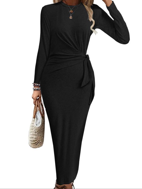 Women's Plain Ruched Knot Side Bodycon Dress, Elegant Long Sleeve Round Neck Dress for Party Holiday Wedding Guest, Ladies Clothes for All Seasons