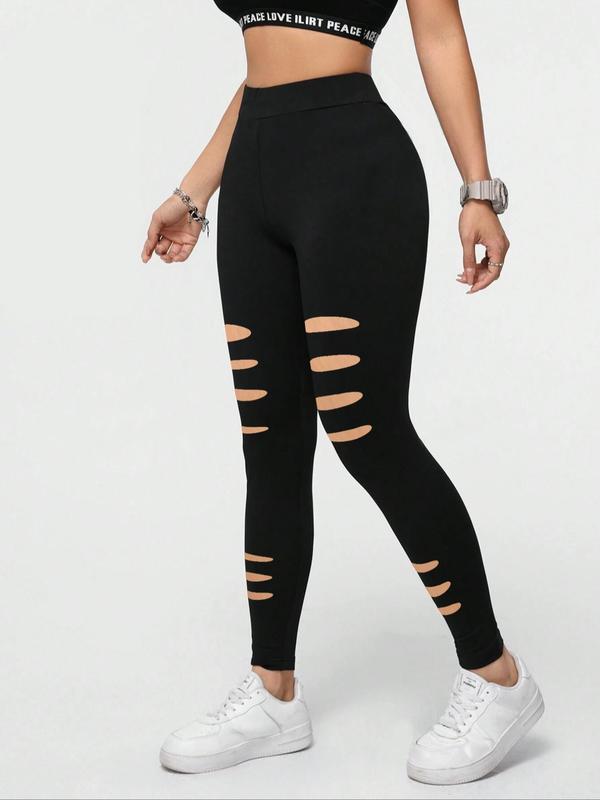 Women's Plain Cut Out High Waist Leggings, Casual Comfy Breathable Skinny Pants for Daily Wear, Ladies Bottoms for All Seasons