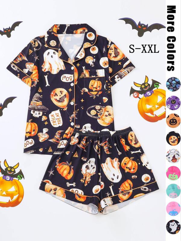 Shopwithjulie Women's Halloween Pumpkin Skull Print Pocket Lapel Blouse & Elastic Waist Shorts Pyjama Loungewear Set, Lady Button Front Short Sleeve Top & Shorts Pj Pants, Christmas Pajamas, Women's Sleepwear for Homewear,  Christmas List Ideas 2025