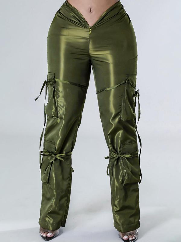 Women's Solid Color Ruched Pocket Cargo Pants, Casual Zipper Fly Trousers for Fall & Winter, Women's Bottoms for Daily Wear