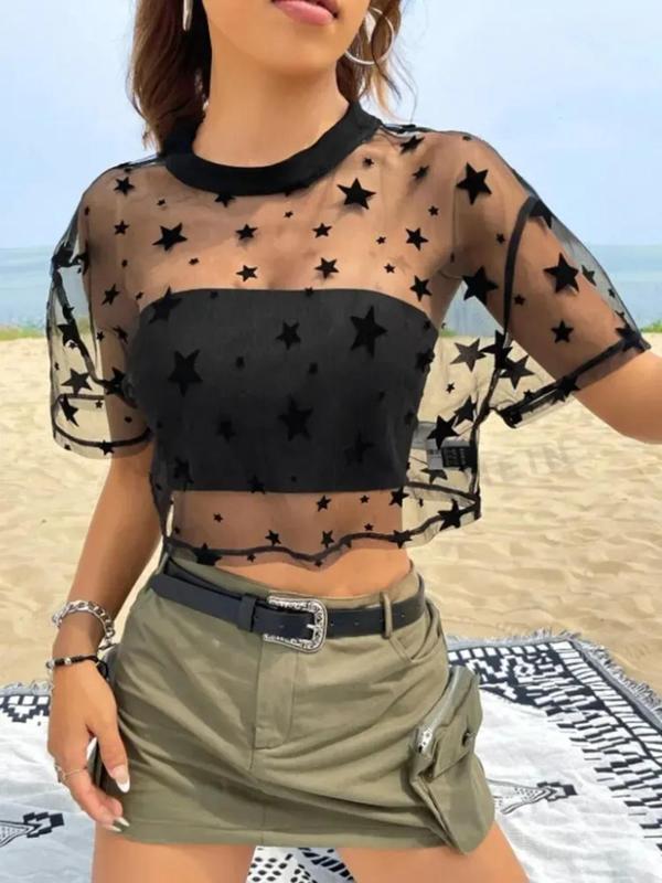 Women's Star Print Sheer Mesh Crop Top, Fashion Casual Drop Shoulder Short Sleeve Tulle Top for Party Holiday, Ladies Clothes for All Seasons