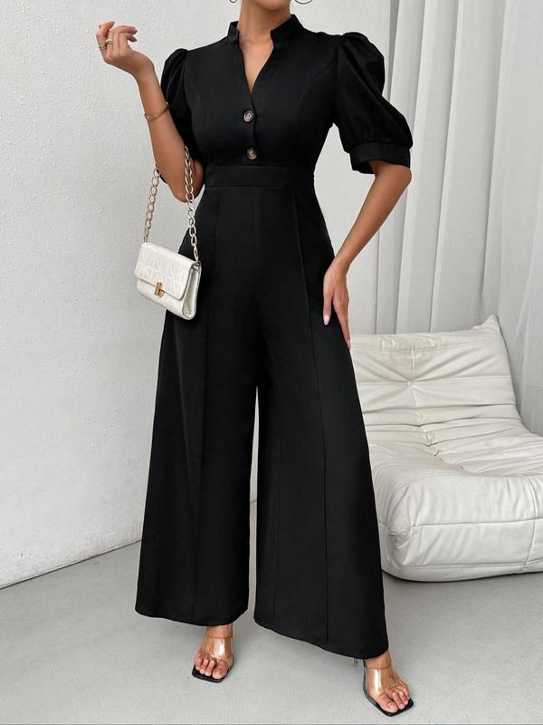  Notched Neck Puff Sleeve Jumpsuit, Elegant Short Sleeve Wide Leg Jumpsuit for Party Holiday Vacation, Women's Clothes for Summer