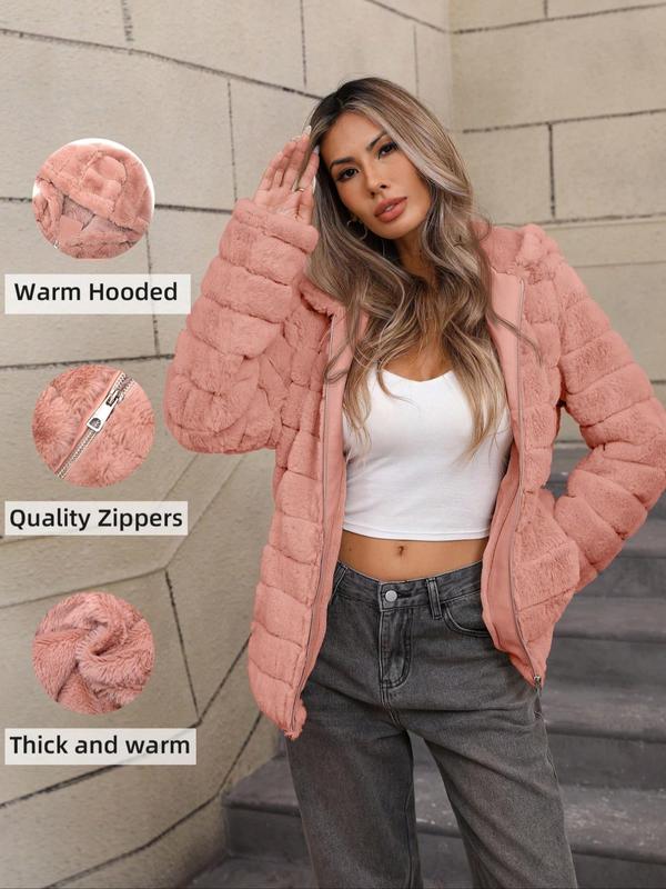 Women's Solid Pocket Zip Up Faux Fur Jacket, Casual Long Sleeve Hooded Outerwear for Fall & Winter, Ladies Clothes for Daily Wear