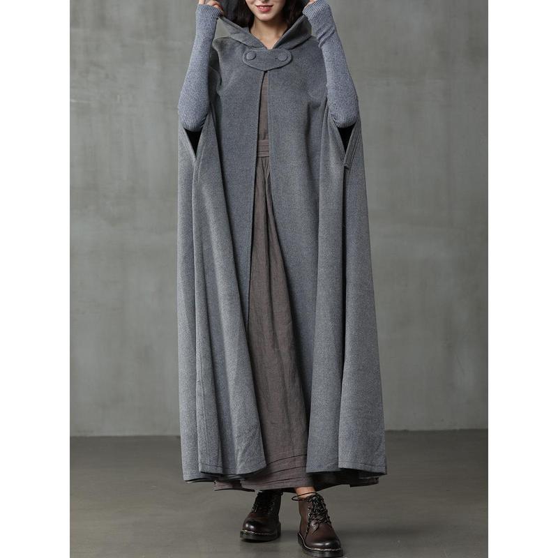 Women Long Hooded Woolen Cloak, Solid Color Vintage Poncho, Black  Grey  Blue  Dark Green Womenswear Coats