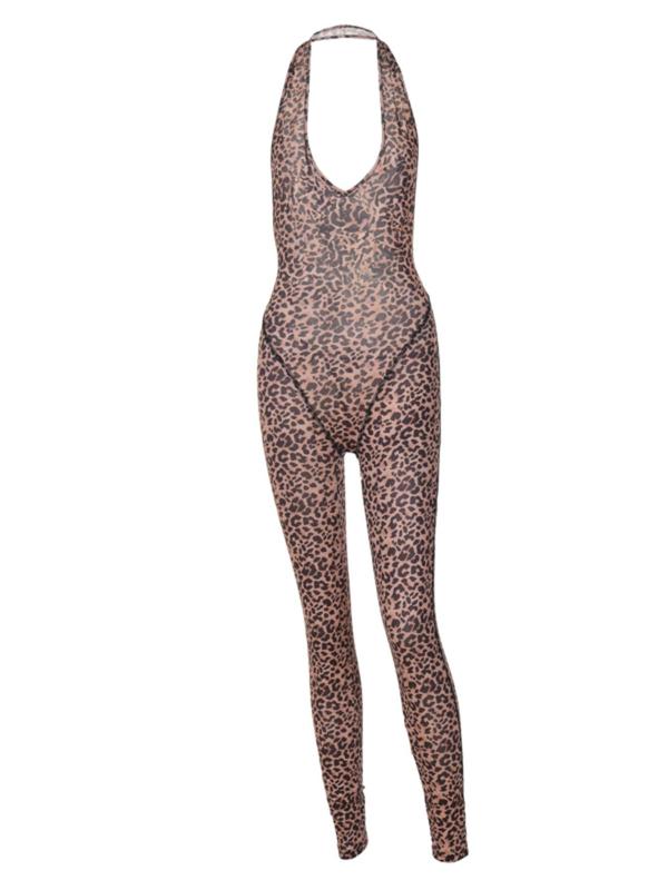 Women's Leopard Print Backless Halter Jumpsuit, Casual Sleeveless Skinny Jumpsuit for Summer, Ladies 90s Clothes for Party Club