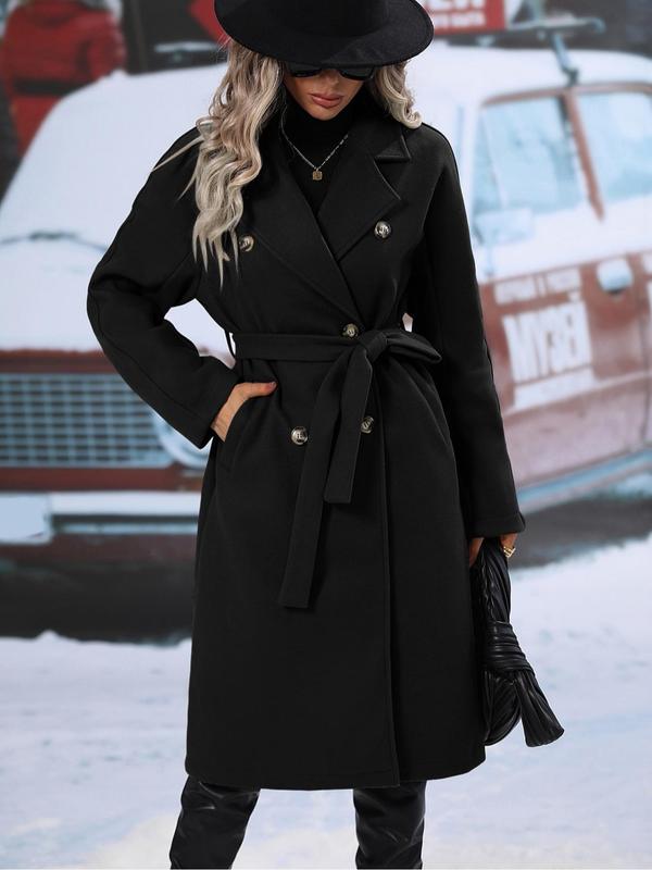 Women's Solid Double Button Belted Wool Coat, Elegant Lapel Neck Long Sleeve Coat for Fall & Winter, Women's Clothing for Daily Wear