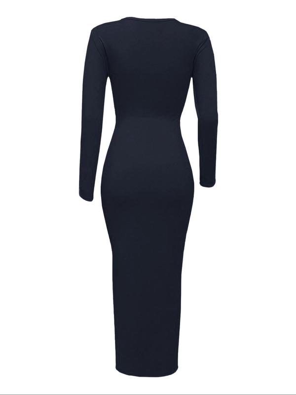 Women's Plain Ruched Knot Side Bodycon Dress, Elegant Long Sleeve Round Neck Dress for Party Holiday Wedding Guest, Ladies Clothes for All Seasons