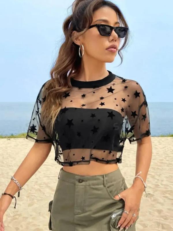 Women's Star Print Sheer Mesh Crop Top, Fashion Casual Drop Shoulder Short Sleeve Tulle Top for Party Holiday, Ladies Clothes for All Seasons