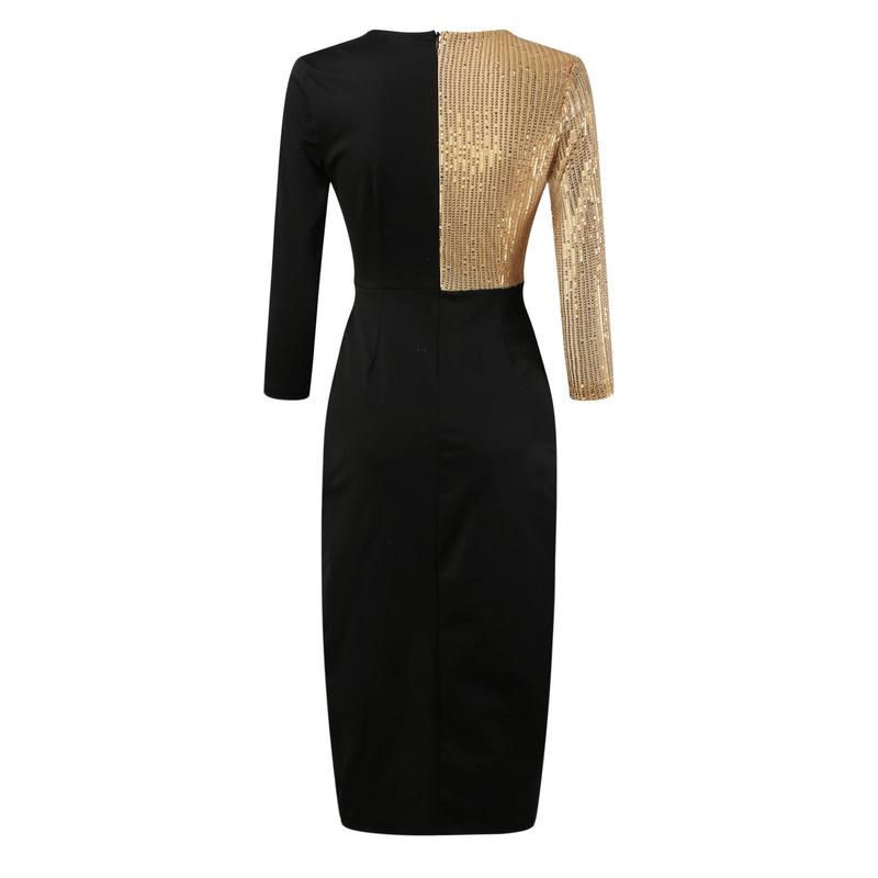 Luxury Black and Gold Sequined Formal Dress for Women, Sexy V-Neck with Slit Contrast Design for Evening Parties