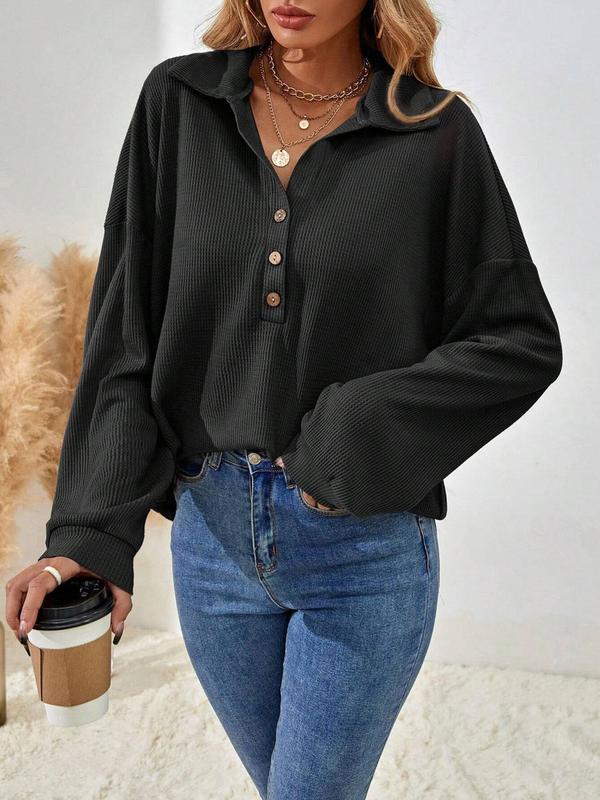 Women's Plain Button Front Drop Shoulder Blouse, Elegant Long Sleeve Polo Neck Top for Fall & Winter, Fall Clothing Women, Going Out Tops, Shirts for Women, Women's Clothing for Daily Wear