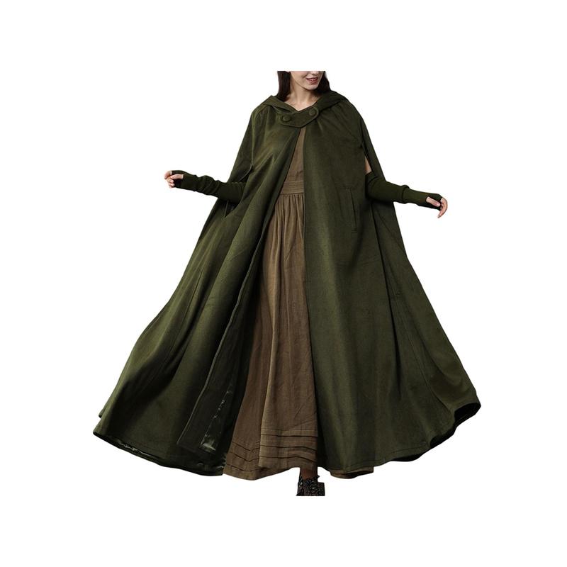 Women Long Hooded Woolen Cloak, Solid Color Vintage Poncho, Black  Grey  Blue  Dark Green Womenswear Coats