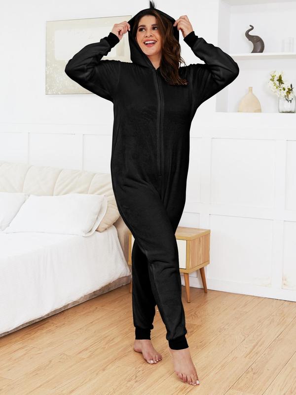  Solid Zip Up Plush Hooded Jumpsuit, Casual Long Sleeve Jumpsuit for Fall & Winter, Women's Clothes for Daily Wear,