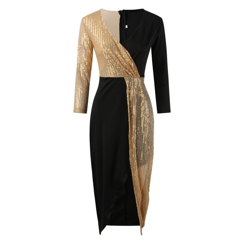 Luxury Black and Gold Sequined Formal Dress for Women, Sexy V-Neck with Slit Contrast Design for Evening Parties