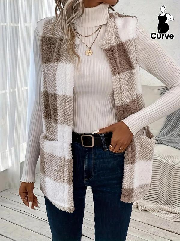 Plaid Print Pocket Fuzzy Vest Coat, Fall Outfits, Fallfreshness Casual Sleeveless Round Neck Outerwear for Fall & Winter, Women's Plus Size Clothes for Daily Wear