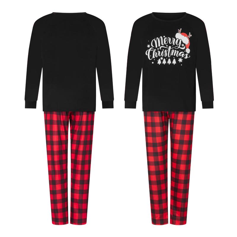 Family Matching Christmas Pajamas, Romper Letter Print Long Sleeve Tops and Plaid Pants Sleepwear Set