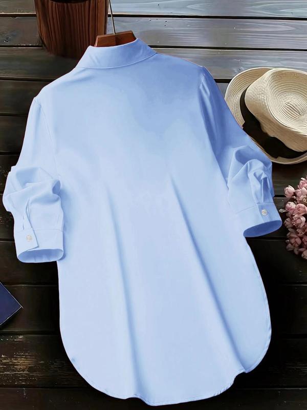  Minimalist Plain Button Front Longsleeves Split Hem Blouse, Lady Basic Casual Comfort Long Sleeve Fake Pocket Collared Shirts Top for Daily Wear, Going Out Tops, Women's Plus Clothing for Fall, Womenswear