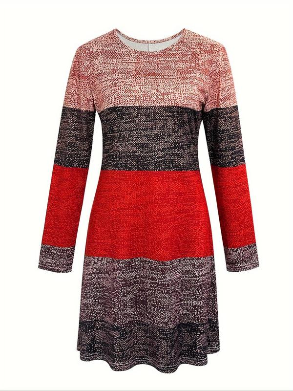 Women's Colorblock Long Sleeve Dress, Casual Round Neck Dress for Fall & Winter, Women's Clothing for Daily Wear