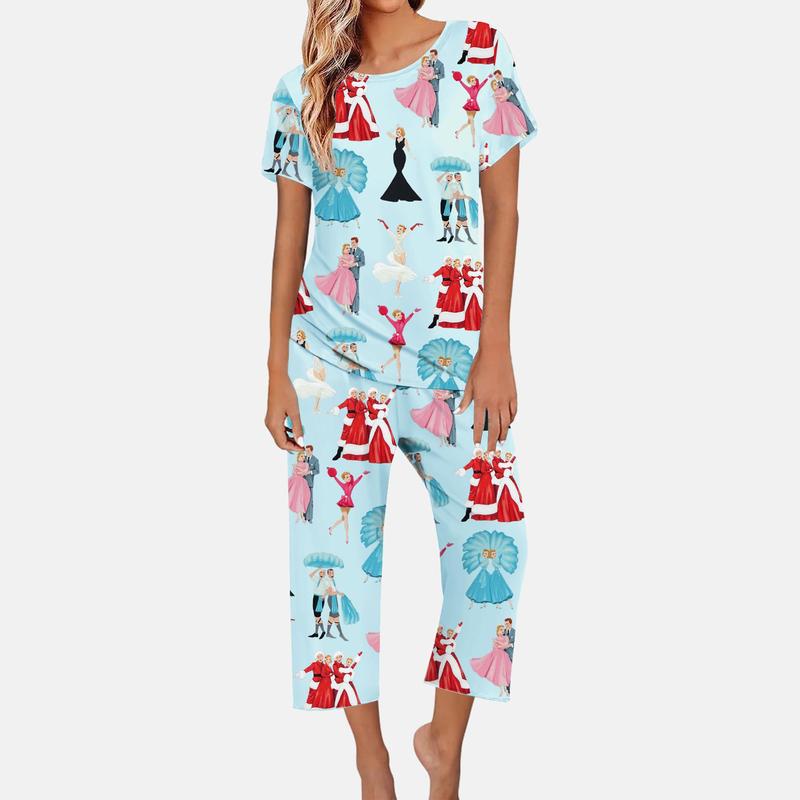 White Christmas Print Nine Quarters Pants Pajama Set For Women - SHESHOW